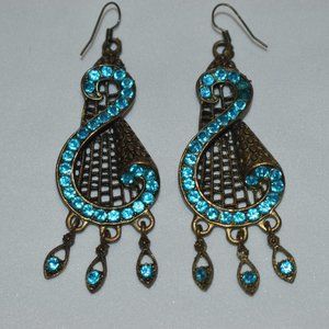 Brass Colored Earrings With Turquoise Colored Plastic Gems